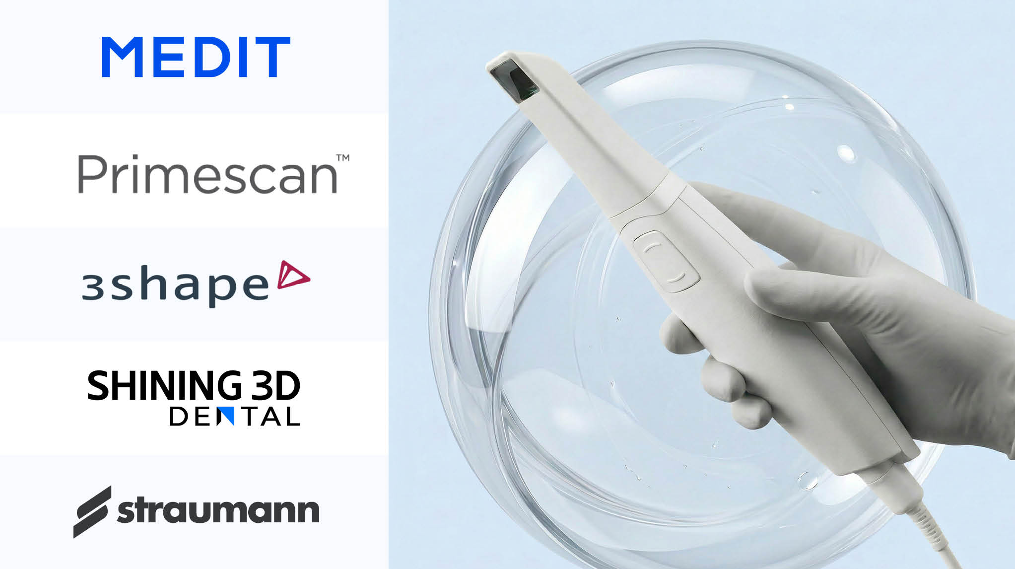Leverandørene Medit, Primescan, 3Shape, Shining 3D dental og Straumann